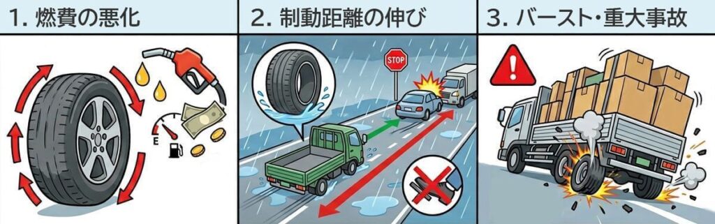 タイヤ交換が遅れたトラック用タイヤのリスク
