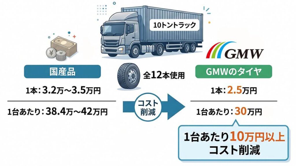 1台当たり10万円のコスト削減ができる株式会社GMWの輸入トラックタイヤ